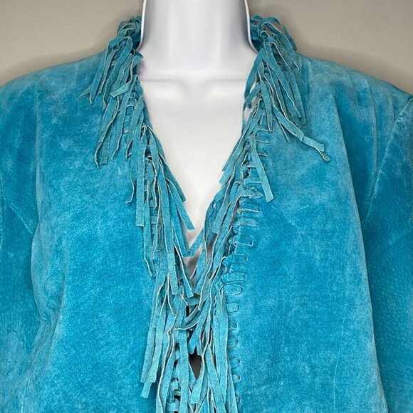 Dialogue Genuine Leather Washable Teal Green Western Fringe Coat Women's Size M - Picture 4 of 7